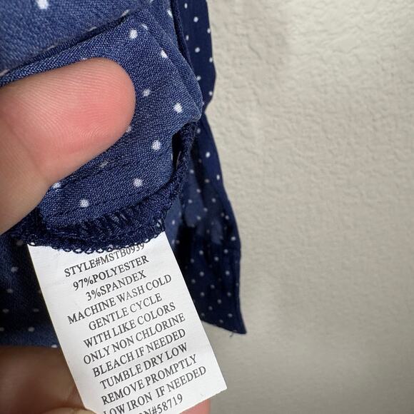 Notations Womens Size Large Polka Dot Button Up Shirt Navy Blue Roll Tab Sleeves - Picture 9 of 9